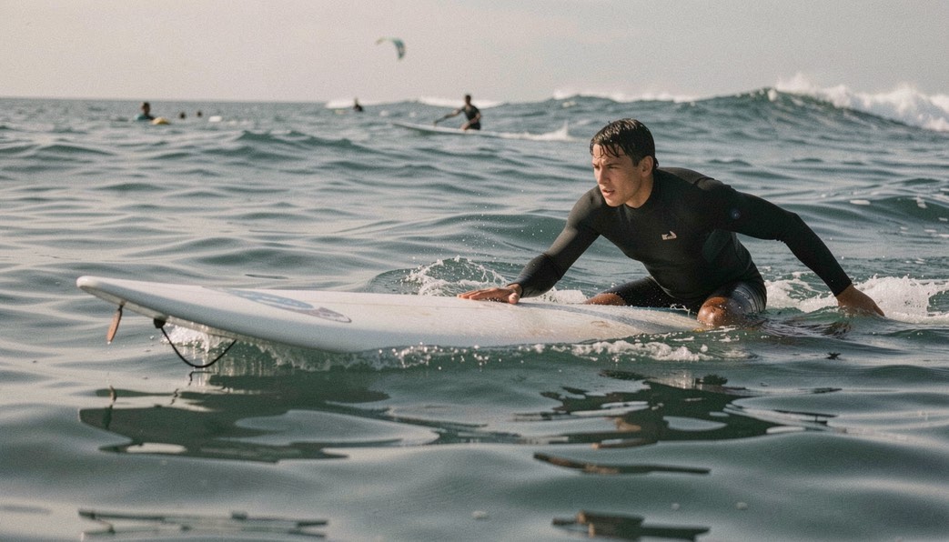 Swimming skills before a first surf lesson: a child floating on their back with a float within reach